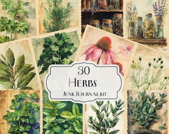 30 örter skräpjournalkit, vintage botaniska utskrivbara material, örttryck för scrapbooking, Cottagecore trädgårdskonst
