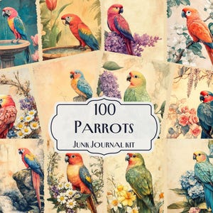 100 Parrot Junk Journal Kit, tropische vogels digitale papieren, exotische ephemera, kleurrijke collagevellen, natuur plakboekpapier