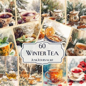 May include: A collection of watercolour illustrations featuring teacups, teapots, and winter elements. The text "60 Winter Tea Junk Journal Kit" is displayed. The images showcase various tea compositions with berries, mint, and orange slices, evoking a cosy winter theme.