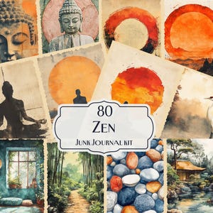 Kit de diário Zen Junk, 80 papéis digitais tranquilos, itens efêmeros de atenção plena e meditação, kit de scrapbook para impressão, decoração serena