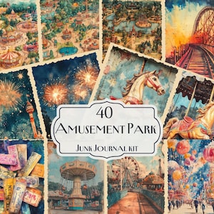 40 Kit de diário de lixo de parque de diversões, diário de entretenimento, itens efêmeros de carnaval vintage, imprimíveis de parque de diversões, carrossel retrô