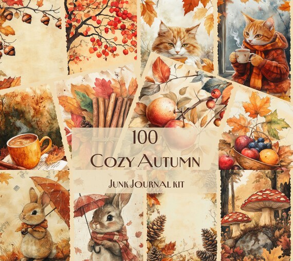 Cozy Autumn Junk Journal Kit, Fall junk journal, fall aesthetic, autumn papers, Fall Papers, Watercolor Journal Pages, junk journal A4