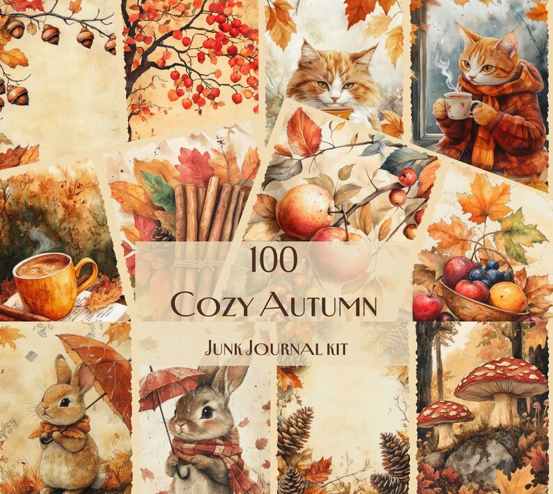 May include: A collection of watercolour illustrations with an autumnal theme. The images feature a cat, a rabbit, leaves, apples, and a cup of coffee. The text reads "100 Cozy Autumn Junk Journal Kit."