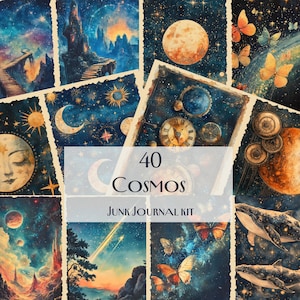 40 Cosmos Junk Journal Kit, Celestial Digital Papers, Moon & Stars Art Printables, Galaxy plakboekpagina's, mystieke ruimte digitale ontwerpen
