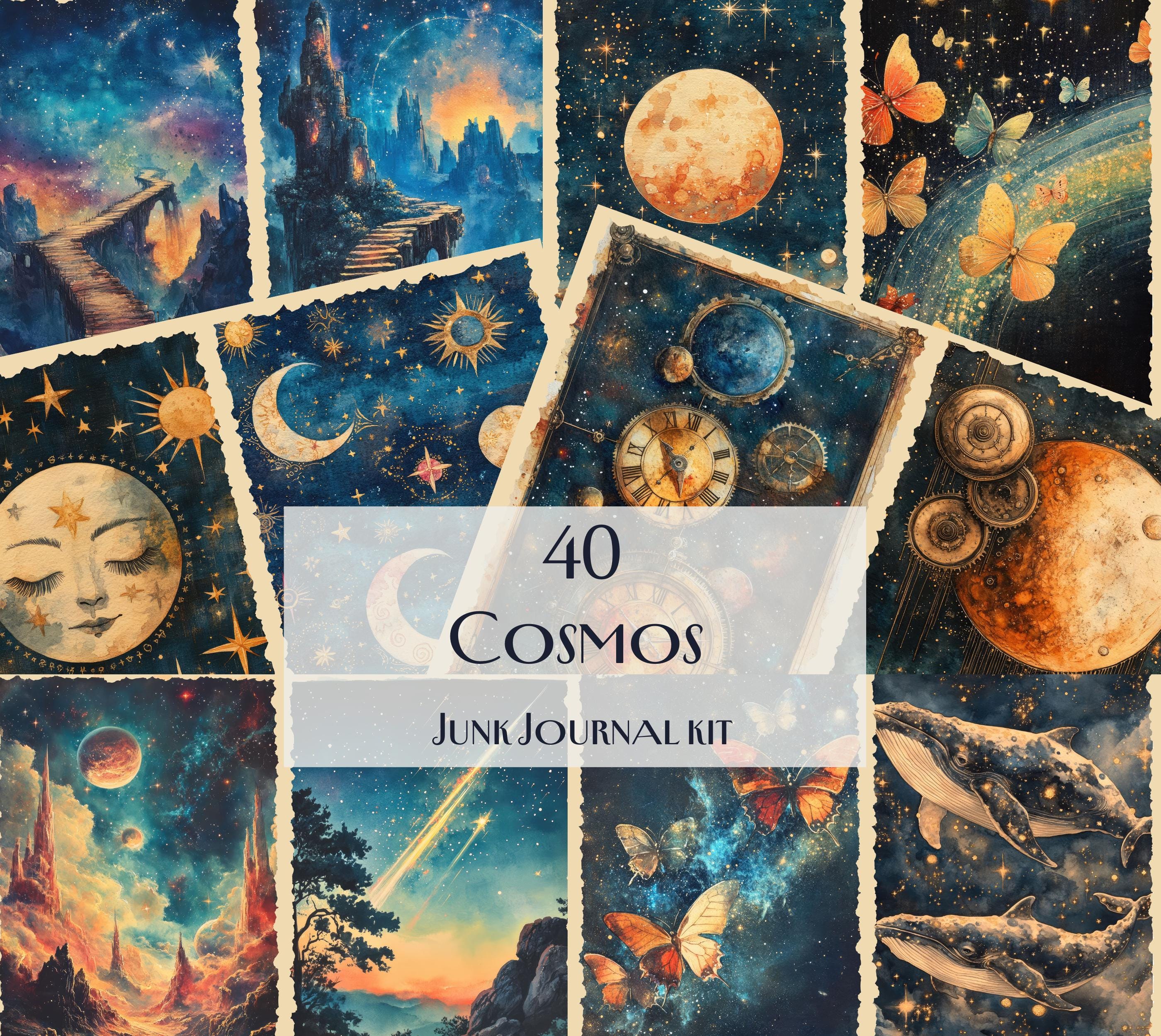 40 Cosmos Junk Journal Kit, Celestial Digital Papers, Moon & Stars Art ...
