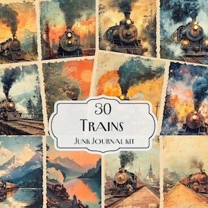 Trains Junk Journal Kit, 30 Vintage Locomotive Digital Papers, Steam Train Ephemera, Printable Scrapbooking Kit, Railway Adventure Decor