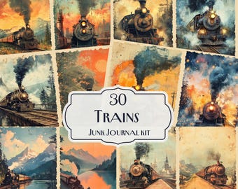 Trains Junk Journal Kit, 30 Vintage Locomotive Digital Papers, Steam Train Ephemera, Printable Scrapbooking Kit, Railway Adventure Decor