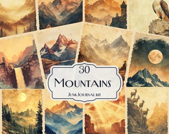 30 Berge Junk Journal Kit, druckbare Natur Landschaft Ephemera Seiten, Vintage Alpine Scrapbook Papier, majestätische Wildnis Collage Sheets