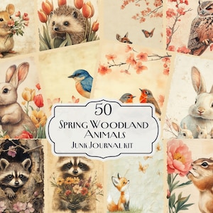 50 lente bosdieren Junk Journal Kit, bosdieren ephemera, vintage natuur printables, natuur plakboekpagina's