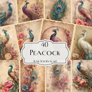 May include: A collage of vintage-style peacock images, feathers, and floral arrangements. The images feature various peacock poses with vibrant blue, green, and purple plumage. The text "40 PEACOCK JUNK JOURNAL KIT" is displayed in a decorative frame.