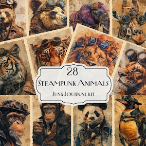 Kit per diario di scarto con animali steampunk, carte steampunk, pagine stampabili steampunk, diario di scarto steampunk, carta industriale digitale