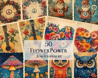 May include: A collage of 50 images for junk journaling. The images feature flowers, owls, guitars, mushrooms, peace signs, and gnomes. The text "50 Flower Power Junk Journal Kit" is in the center of the collage.