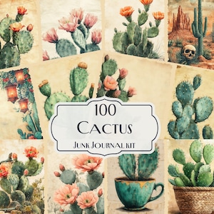 100 Cactus Junk Journal Kit, woestijnplant printables, zuidwestelijke ephemera, sappige collagevellen, botanisch plakboekpapier