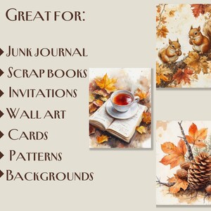 May include: A collection of watercolour illustrations with autumnal themes. Includes images of squirrels, a cup of tea on a book, and fall foliage with pine cones. Text reads "Great For: Junk Journal, Scrapbooks, Invitations, Wall Art, Cards, Patterns, Backgrounds."