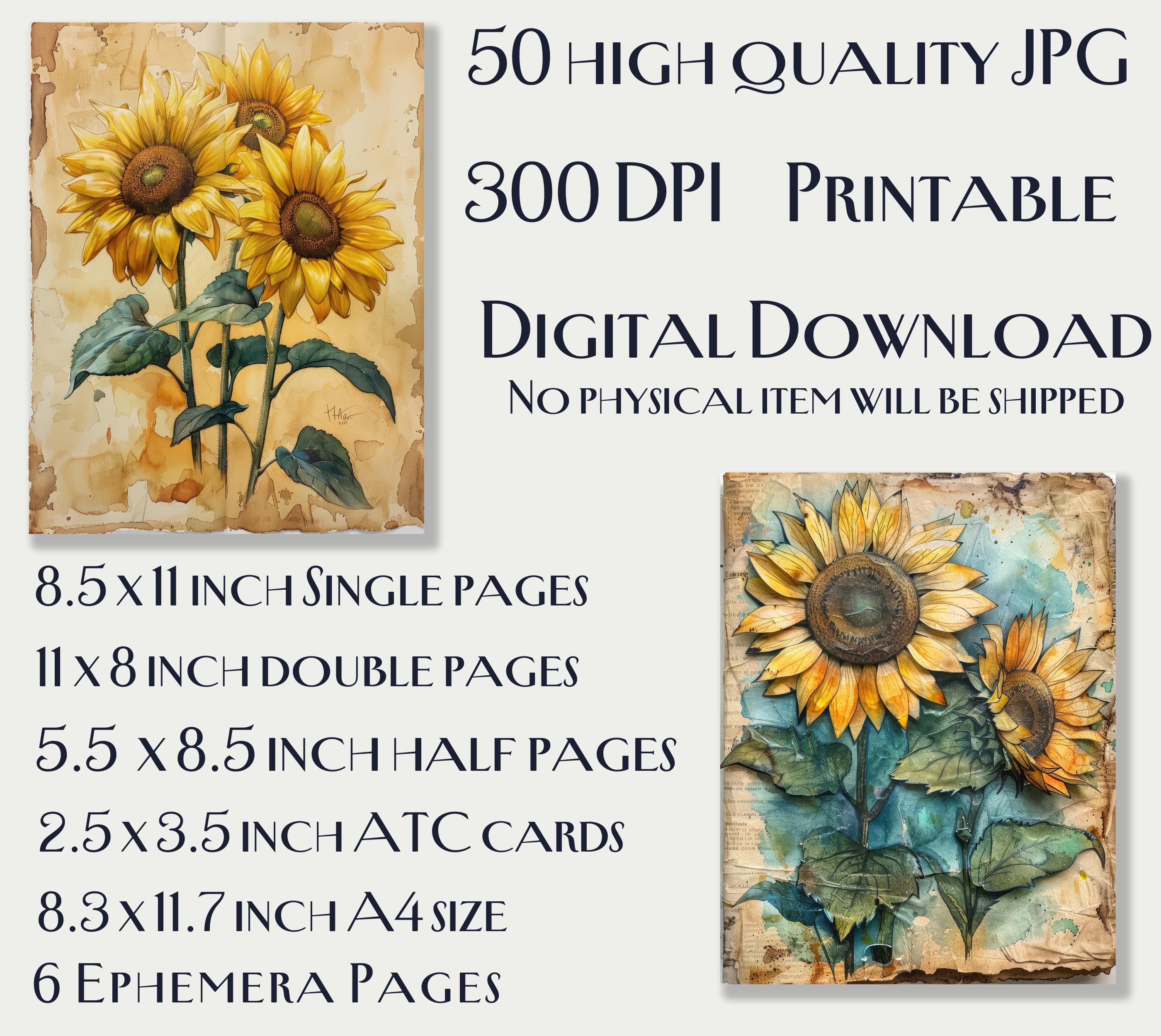 Sunflowers Junk Journal Kit, 50 Bright Digital Papers, Vintage Floral ...
