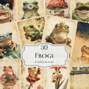 May include: A collection of 30 frog illustrations in various poses and settings, including a frog wearing a crown. The images are on aged paper with a vintage aesthetic. Text reads "30 Frogs Junk Journal Kit."