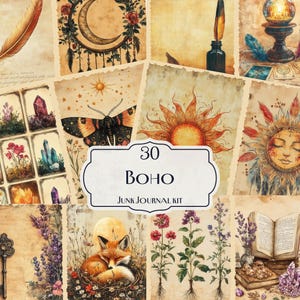 Boho Junk Journal Kit, 30 afdrukbare boho-ephemera-pagina's, mystiek plakboekpapier, Sun Moon Crystals Art, vintage boho-collagebladen