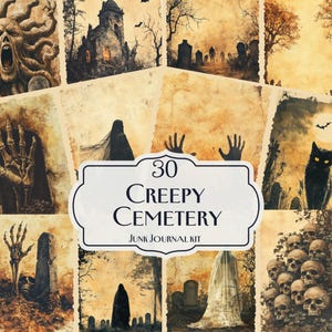 30 Creepy Cemetery Junk Journal Kit, Haunted Graveyard Printables, Spooky Halloween Ephemera, Zombie Skull Ghost Scrapbook Pages