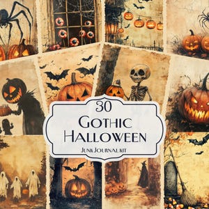 Gothic Halloween Junk Journal Kit, 30 Spooky Printable Pages, Vintage Pumpkins Skeletons Bats Ephemera, Haunted Scrapbook Paper Set