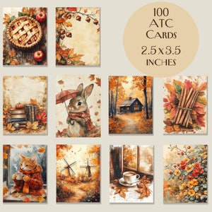 May include: A set of 100 ATC cards, each 6.35 cm x 8.89 cm, showcasing watercolour illustrations of autumnal scenes. The cards feature images of a pie, a rabbit with an umbrella, a cosy cabin, and a cat with a cup of coffee.