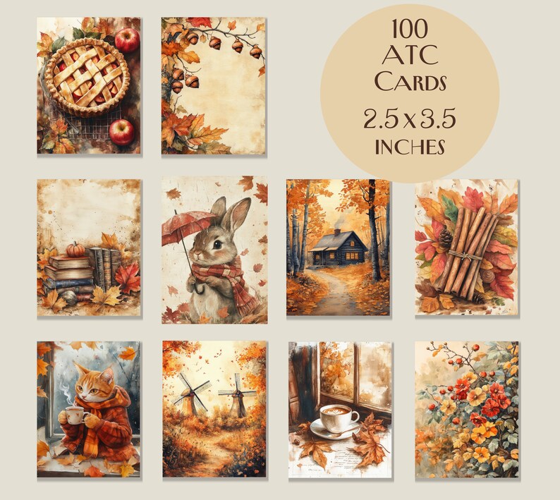 May include: A set of 100 ATC cards, each 6.35 cm x 8.89 cm, showcasing watercolour illustrations of autumnal scenes. The cards feature images of a pie, a rabbit with an umbrella, a cosy cabin, and a cat with a cup of coffee.