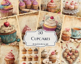 30 Cupcake Junk Journal Kit, Printable Bakery Ephemera Pages, Vintage Dessert Scrapbook Paper, Shabby Chic Sweets Collage, Tea Party