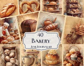 Può includere: Un collage di illustrazioni ad acquerello con vari prodotti da forno, tra cui pane, pretzel e pasticcini. L'immagine centrale mostra il testo "40 Bakery Junk Journal Kit."