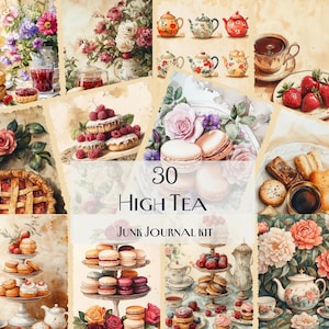 30 High Tea Junk Journal Kit, Vintage Tea Party Ephemera, Tea cups, Tea Scrapbook Pages, Afternoon Tea Digital Designs, floral tea
