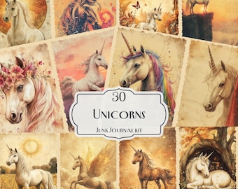 30 Unicorns Junk Journal Kit, Printable Fantasy Ephemera Pages, Magical Unicorn Scrapbook Paper, Mystical Collage Sheets, Enchanted papers
