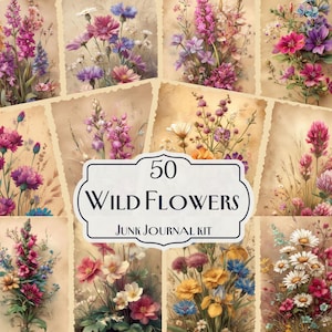 Kit de diário com 50 flores silvestres, imprimíveis florais rústicos, itens botânicos, folhas de colagem de prados, papel para scrapbooking da natureza