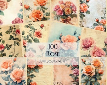Rose Junk Journal Kit, 100 eleganta digitala papper, vintageblommiga efemera, utskrivbart scrapbookingkit, romantisk rosendekor