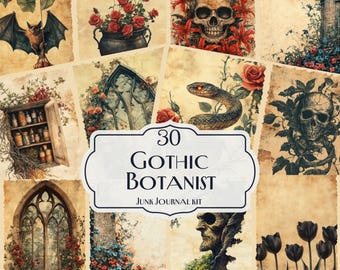 30 kit di diario di cianfrusaglie gotico botanico vintage, teschio di farmacia, serpente floreale, effimeri, Dark Academia, stregoneria, pagine stampabili