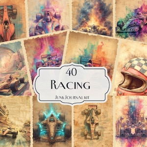 以下が含まれることがあります： ヴィンテージスタイルのレーシングカーイラストのコラージュ。さまざまなレースカーがアクションを起こしている様子が描かれており、スピードと動きに焦点を当てています。中央の画像には「40 RACING JUNK JOURNAL KIT」と書かれています。カラーパレットには、茶色、赤、青、黄色が含まれています。
