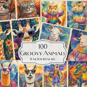 100 Groovy Animals Junk Journal Kit, Colorful Hippie Animal Art, Retro Tie-Dye Ephemera, Funky Animal Scrapbook Pages, Digital Download
