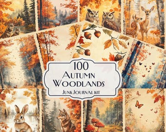 100 Autumn Woodlands Junk Journal Kit, Woodlands Junk Journal, Fall Papers, Watercolor Journal Pages, Fall junk journal, junk journal A4