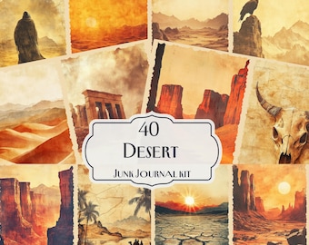 Kit de diário Desert Junk com 40 páginas vintage Boho ocidental para impressão Pacote de papel digital Skull Canyon Sunset Ephemera PNG JPG PDF para download