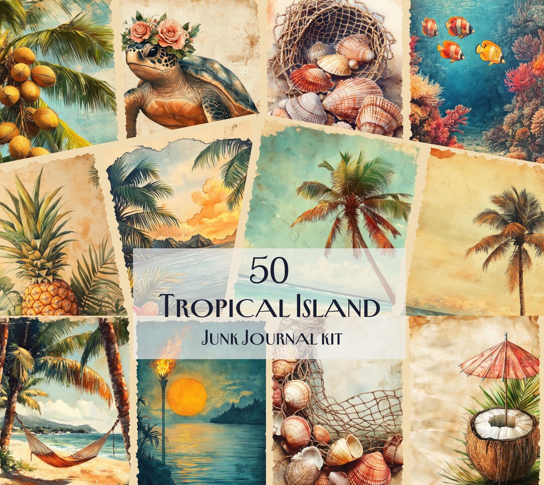 50 Tropical Island Junk Journal Kit,vintage Beach Digital Papers ...