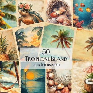 50 Tropical Island Junk Journal Kit, Vintage Strand Digitale Papiere, Küstenparadies Ephemera, druckbare Scrapbook Kit, Dekor zum Thema Ozean