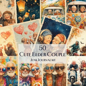 50 Süßes Älteres Paar Junk Journal Kit, Hippie Senior Love Art, Retro Hippie, Romantisches Scrapbook Seiten, groovy Junk Journal