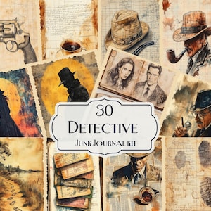 30 Detective Junk Journal, Kit Vintage Mystery journal, Noir Detective Art, Crime Scene Printables, Retro Scrapbook Pages Download