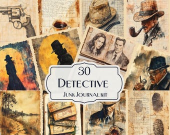 May include: A collage of 30 vintage-style images featuring detectives, old books, and other elements. The images are perfect for scrapbooking, junk journaling, or other creative projects. The text "30 Detective Junk Journal Kit" is displayed in the center of the collage.