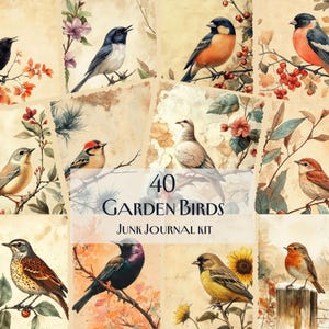 40 Garden Birds Junk Journal Kit, Vintage Bird Digital Papers, Nature Ephemera, Printable Scrapbooking Kit, Rustic Floral Decor