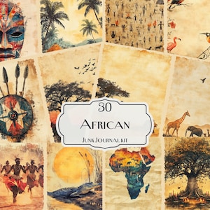 Peut inclure: Un collage de fonds de papier de style vintage avec des illustrations sur le thème africain. Comprend un masque tribal, un bouclier, des palmiers, des animaux et des personnages. Le texte indique "30 African Junk Journal Kit."