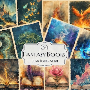 May include: A digital collage of 34 fantasy book images for junk journaling. The images feature a variety of fantasy elements, including castles, dragons, phoenixes, and magical creatures. The images are in a watercolor style and have a vintage feel.