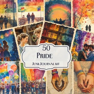 May include: A collage of images with a rainbow theme. The images include a rainbow flag, a rainbow arch, a rainbow heart, and a rainbow-colored hand. The text "50 Pride Junk Journal Kit" is in the center of the collage.