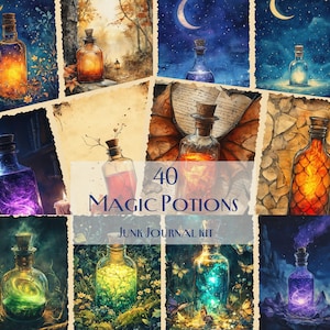 May include: A digital collage of 40 images of various magic potion bottles. The bottles are filled with colorful liquids and have different shapes and sizes. The images are set against a variety of backgrounds, including forests, stars, and clouds. The text "40 Magic Potions Junk Journal Kit" is displayed in the center of the collage.