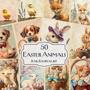 Kit de diario basura con animales de Pascua, adorables papeles digitales, efímeras de conejitos y pollitos, kit de scrapbooking imprimible, decoración de primavera, papeles de Pascua
