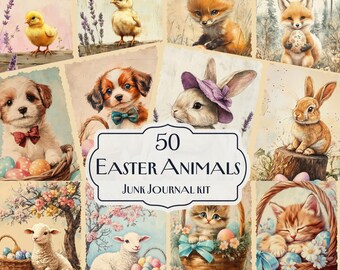 May include: A set of 50 printable images featuring Easter animals. The images include bunnies, chicks, lambs, foxes, and cats. The images are perfect for scrapbooking, card making, and other craft projects.