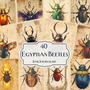 May include: A collage of vintage-style illustrations of beetles in various colors, including orange, green, and blue, set against aged paper backgrounds. The text "40 Egyptian Beetles Junk Journal Kit" is displayed.