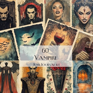 60 Vampire Junk Journal Kit, Gothic Horror papers, Vintage Vampire Art, Dark Castle & Moonlit Scenes, Vampiric Scrapbook Pages Download
